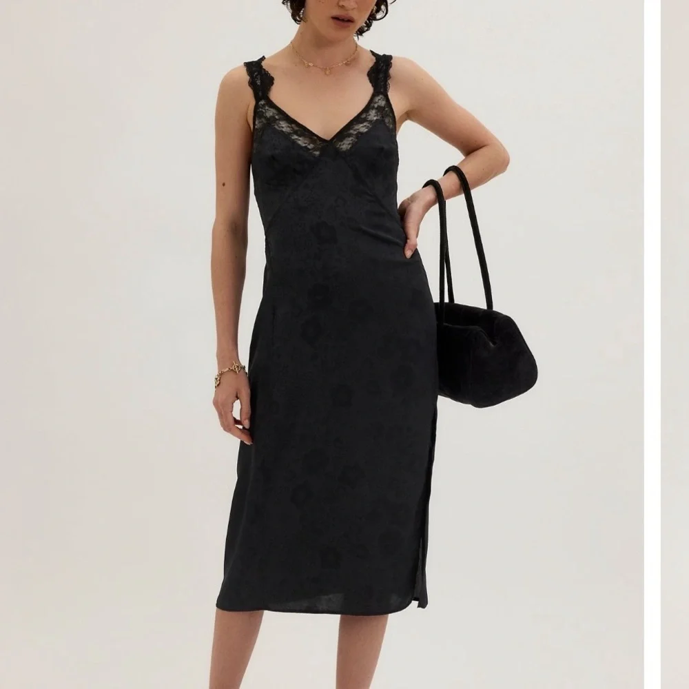 FREE PEOPLE TELL ME WHY MIDI SLIP DRESS BLACK SATIN LARGE